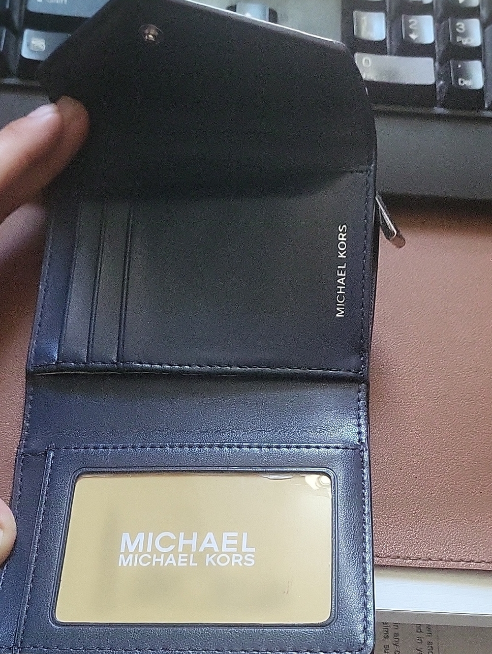 Michael Kors navy leather trifold wallet with ID window
